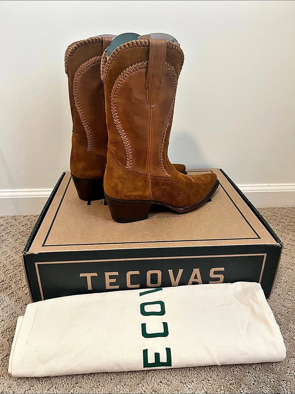Tecovas The Sadie Braid Suede Heeled Boots Brown US 9.5 B - Brand New